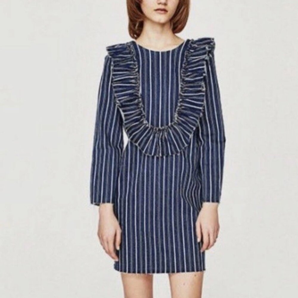 Zara New Blue White Striped Denim Jean Long Sleeve Mini Dress